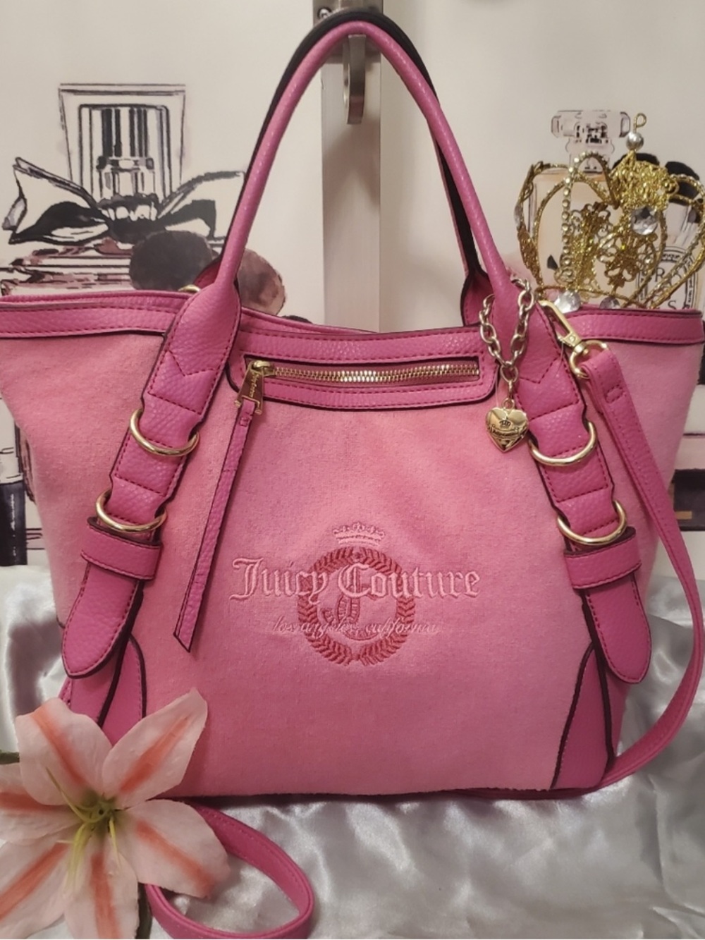 Juicy Couture Hot Pink Suede Tote with Gold Accents